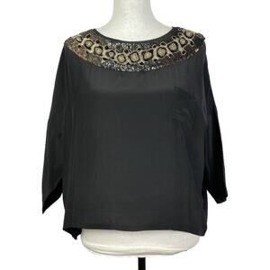 Yoana Baraschi | Black Silk Beaded & Sequin Embellished Neckline Elegant Blouse